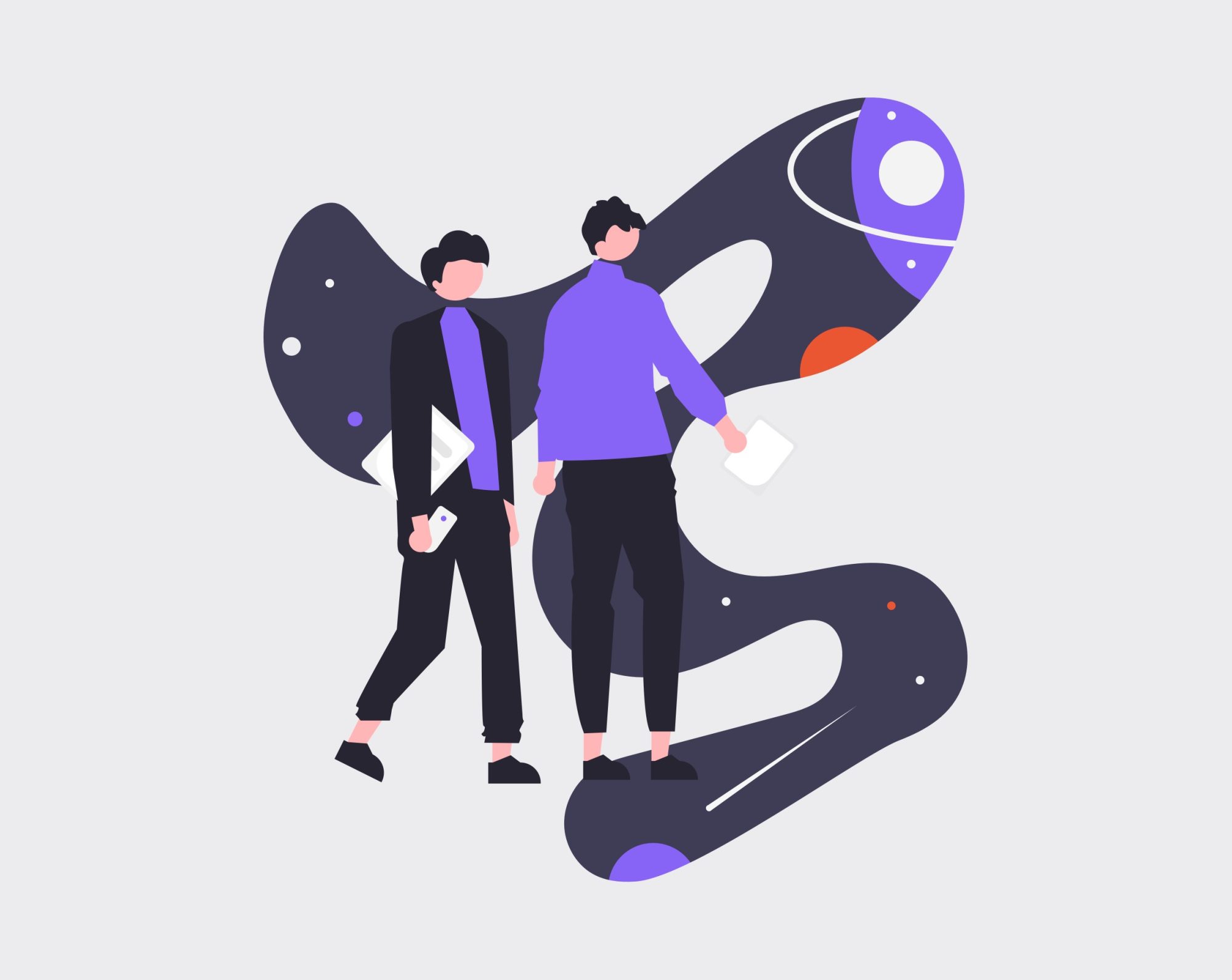 Illustration of two people with abstract curve - part of brand identity development for AI